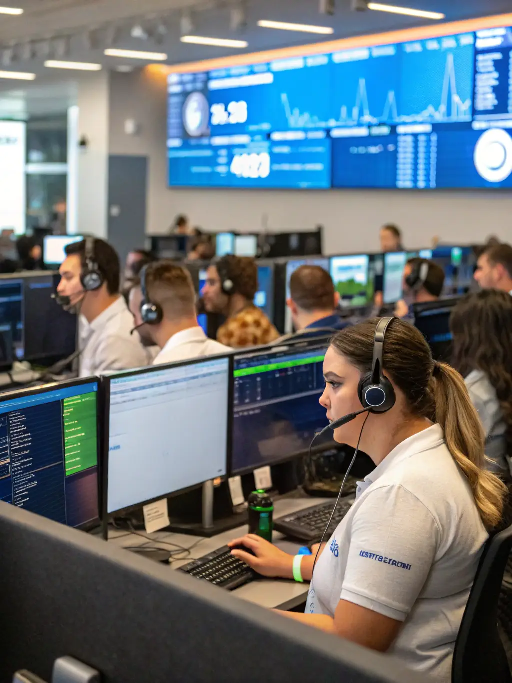 A busy call center environment with agents using AI-powered VoIP to handle calls efficiently, showcasing real-time transcription and sentiment analysis features.