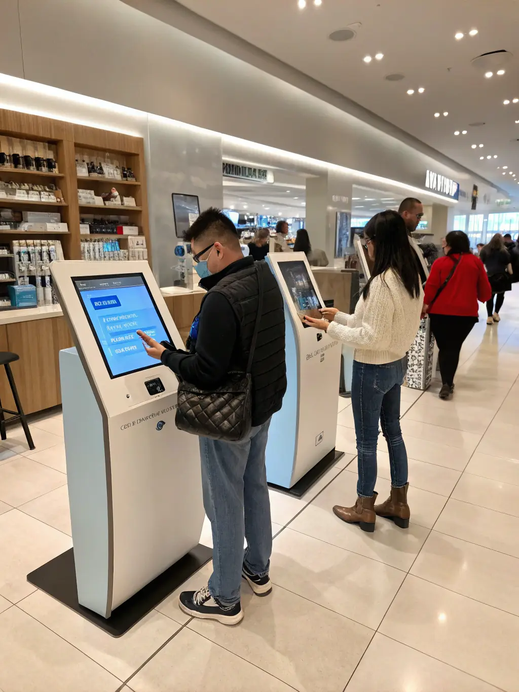 A vibrant retail store with employees using AI-powered VoIP on tablets and point-of-sale systems, demonstrating improved customer service and streamlined operations.