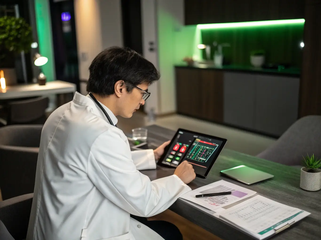A doctor using a tablet in a modern medical office, showcasing the use of AI-powered VoIP for efficient patient communication and record management.