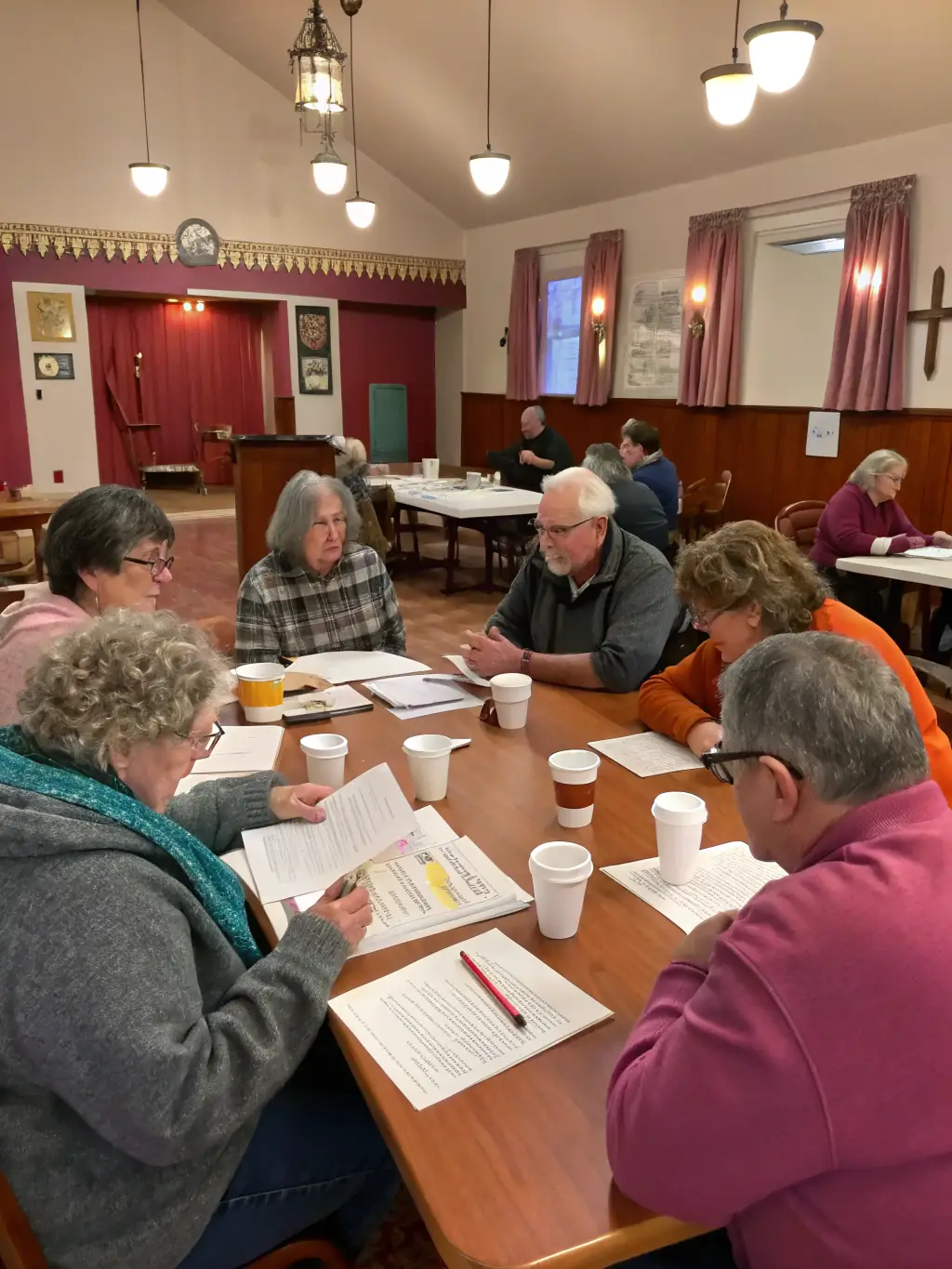 A group of church staff members collaborating in a meeting, with a warm and inviting atmosphere. This image represents the use of AI-powered VoIP in churches, improving communication and community engagement.