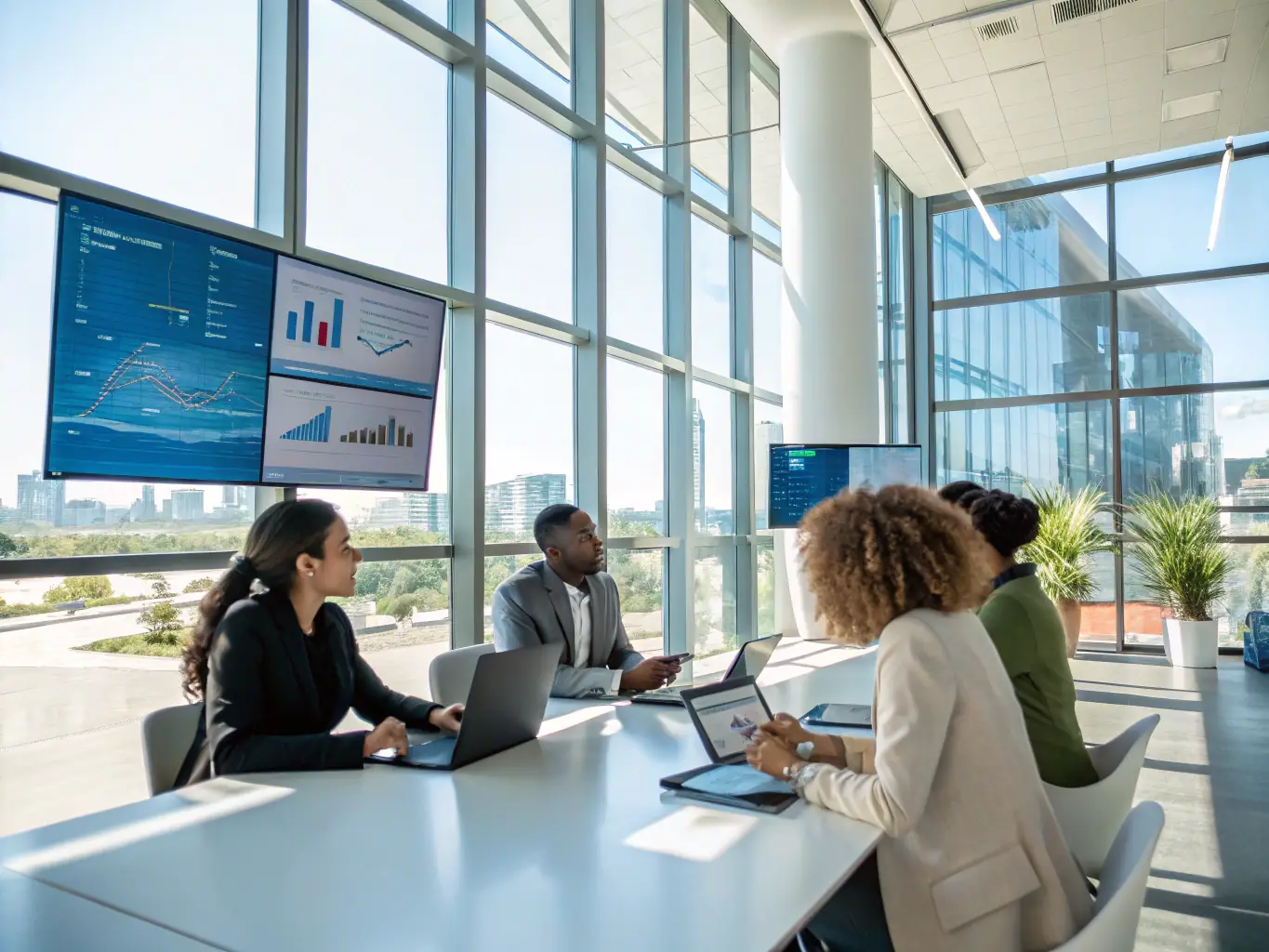 A modern office setting with diverse employees collaborating, representing a small to medium-sized business (SMB) utilizing AI-powered VoIP for streamlined communication.