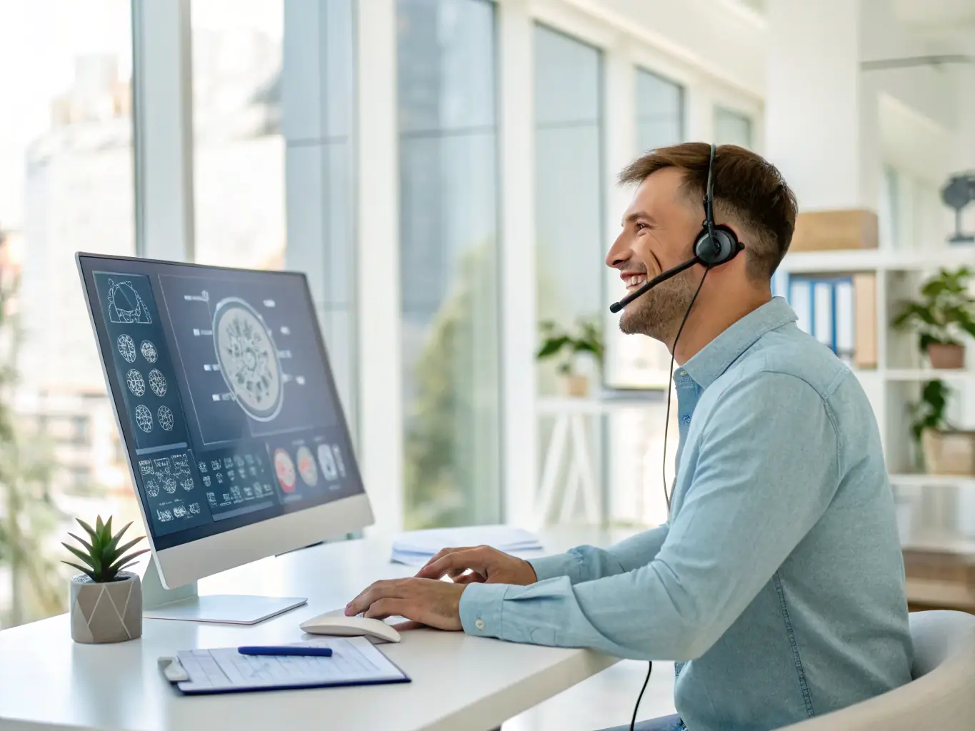 A customer service agent smiling while seamlessly transitioning a call to an AI system, representing smart agent handoffs.