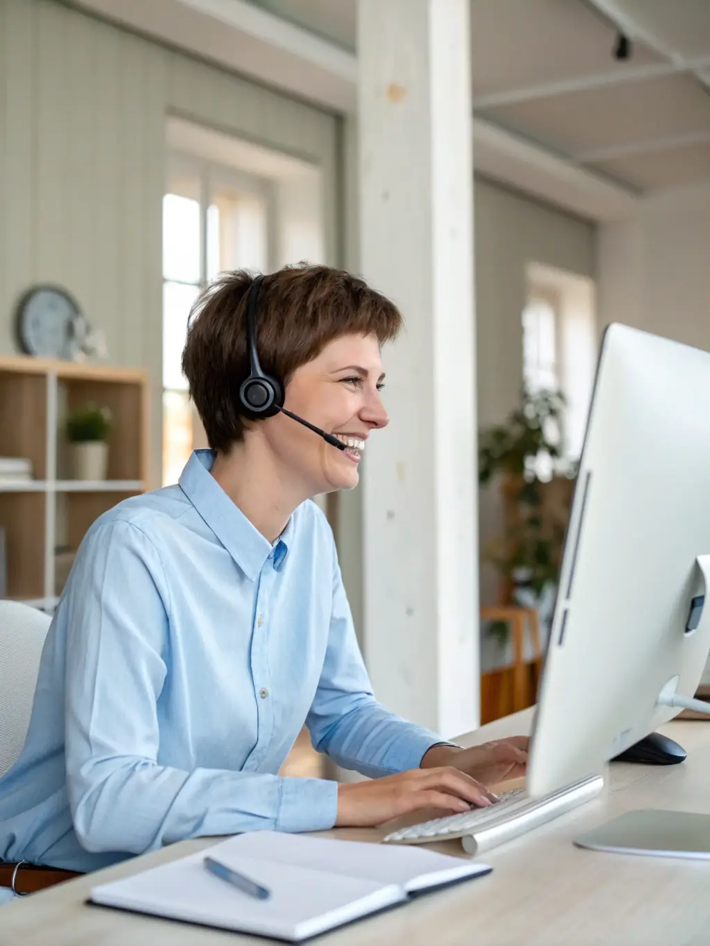 A professional headshot of a customer service agent smiling while using a computer with a VoIP interface, showcasing intelligent call routing.