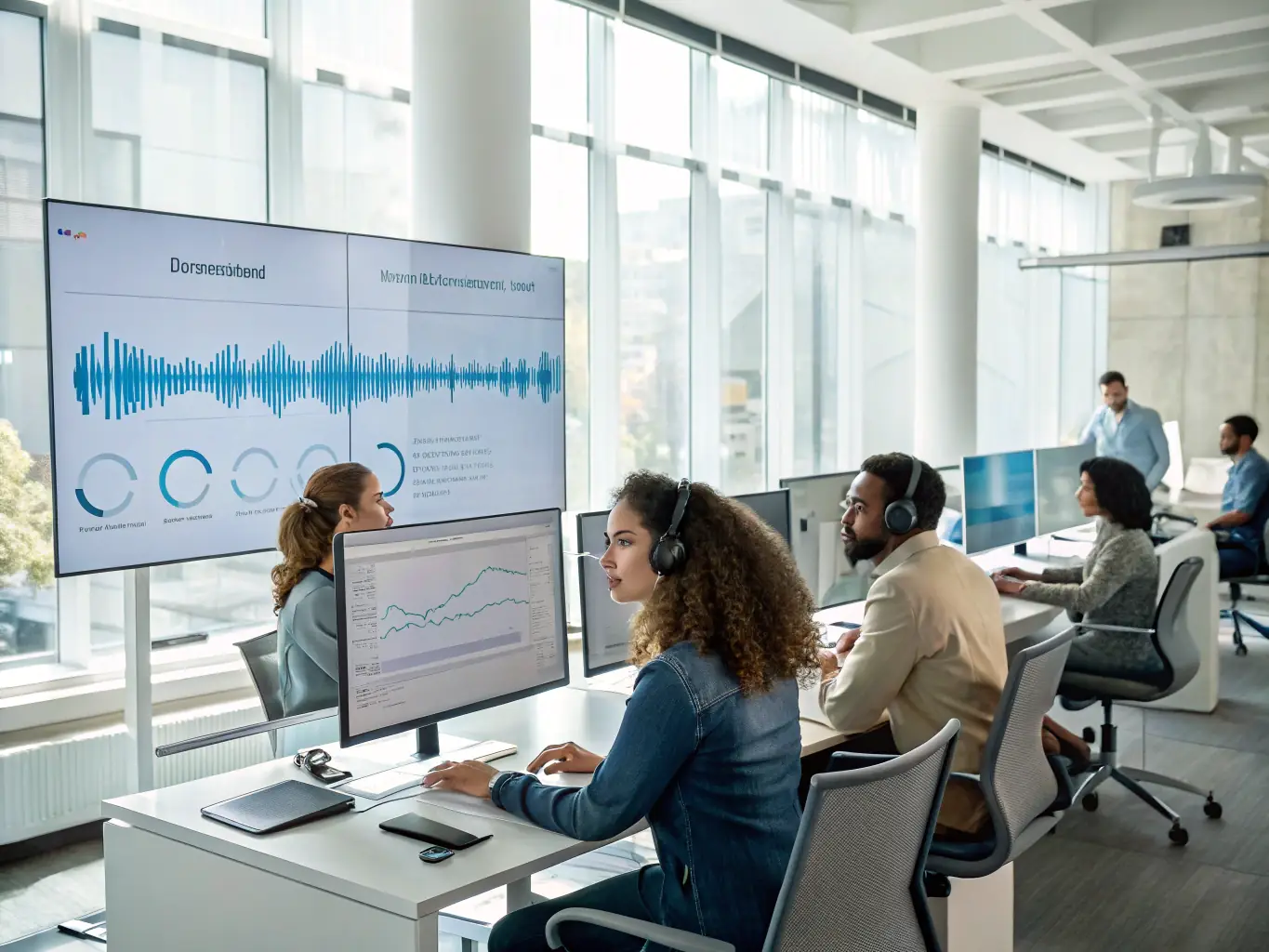 A professional office setting with an AI assistant avatar subtly integrated into the background, symbolizing automated call handling.