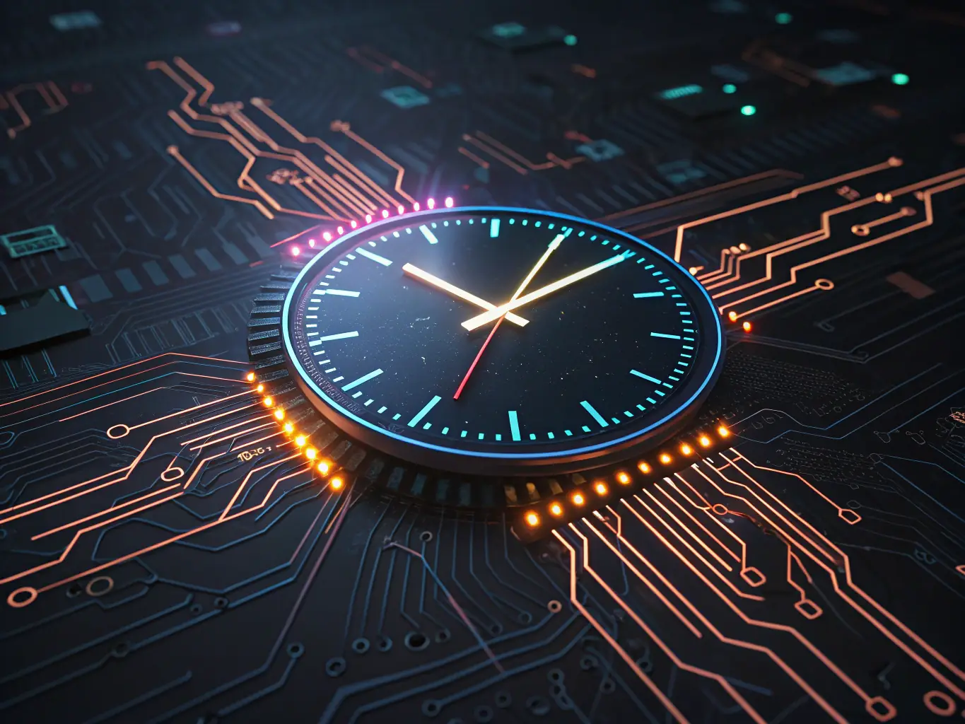 A clock with AI circuitry integrated into its design, symbolizing 24/7 availability and continuous operation.