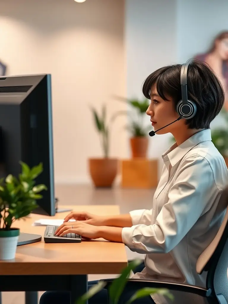 An image depicting a calm and focused customer service agent efficiently handling a call, with AI-powered tools providing real-time assistance and information.