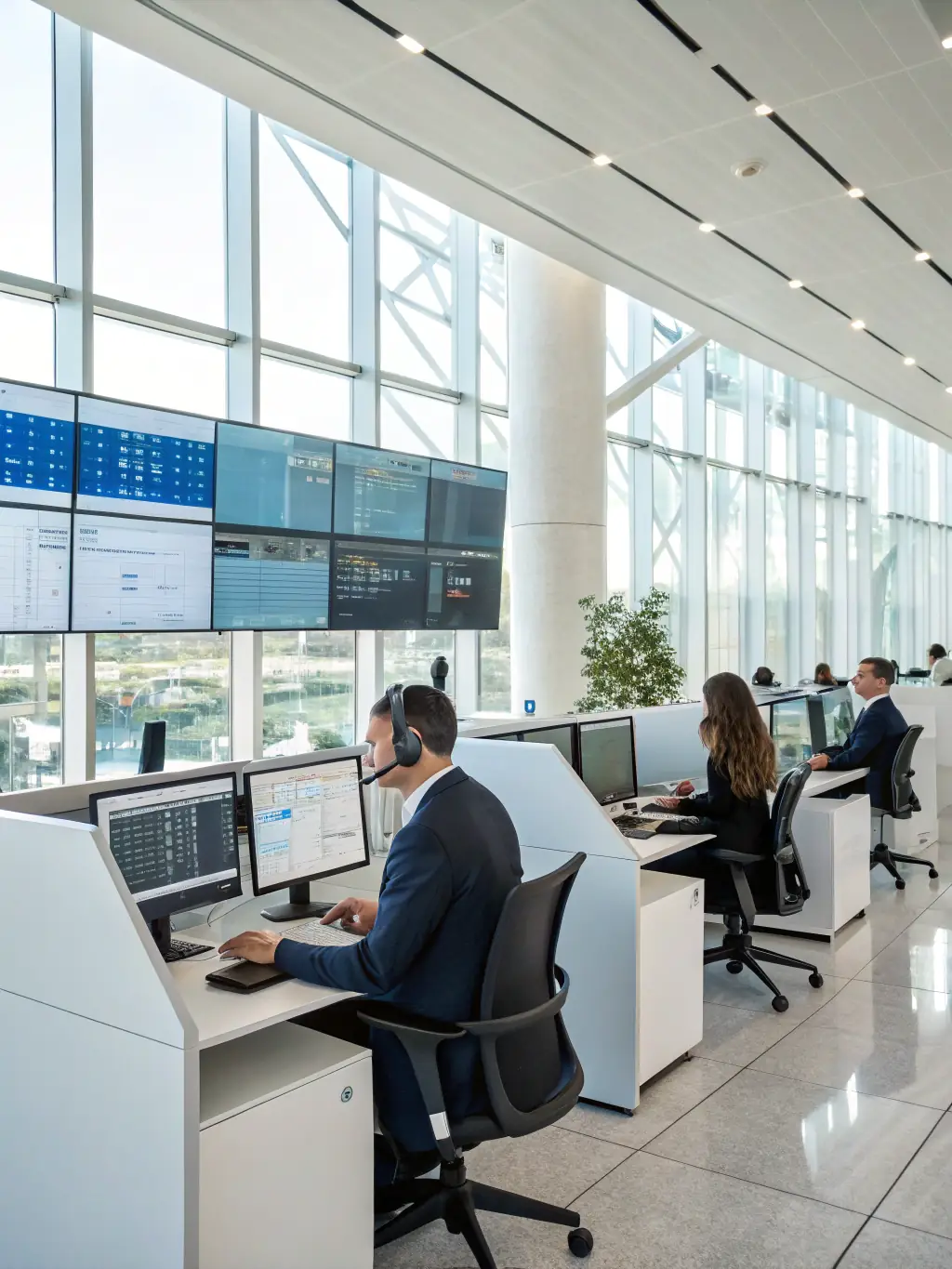 A modern office environment with call center agents wearing headsets, focused on their screens. This image represents the application of AI-powered VoIP in call centers, improving agent performance and customer satisfaction.