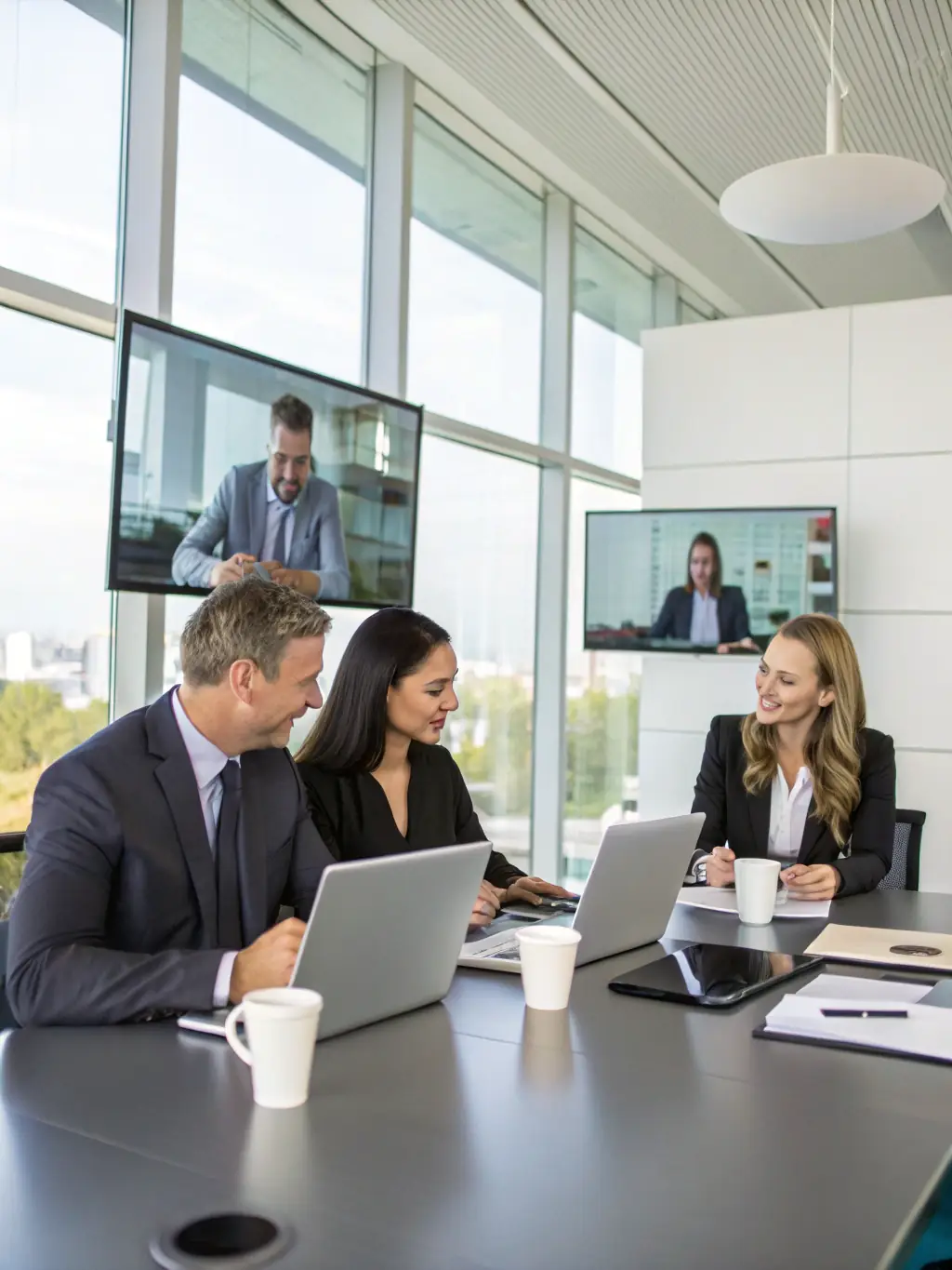 A professional team working collaboratively in a modern office setting, symbolizing AIPoweredVoIP's commitment to teamwork and innovation.